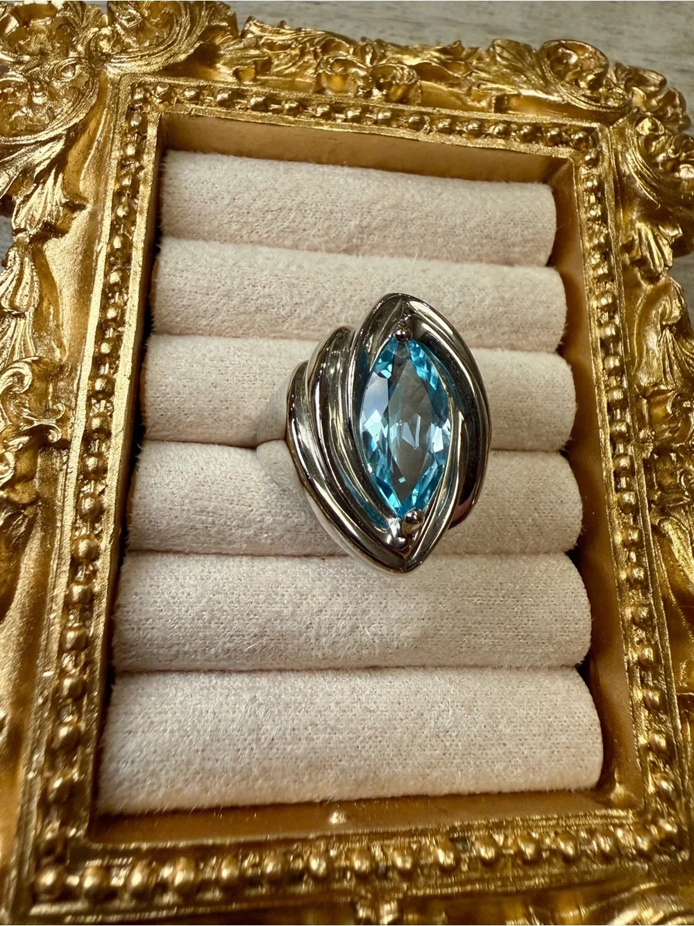 Sterling Silver 925 Marquise Blue Topaz Statement Ring – Size 6